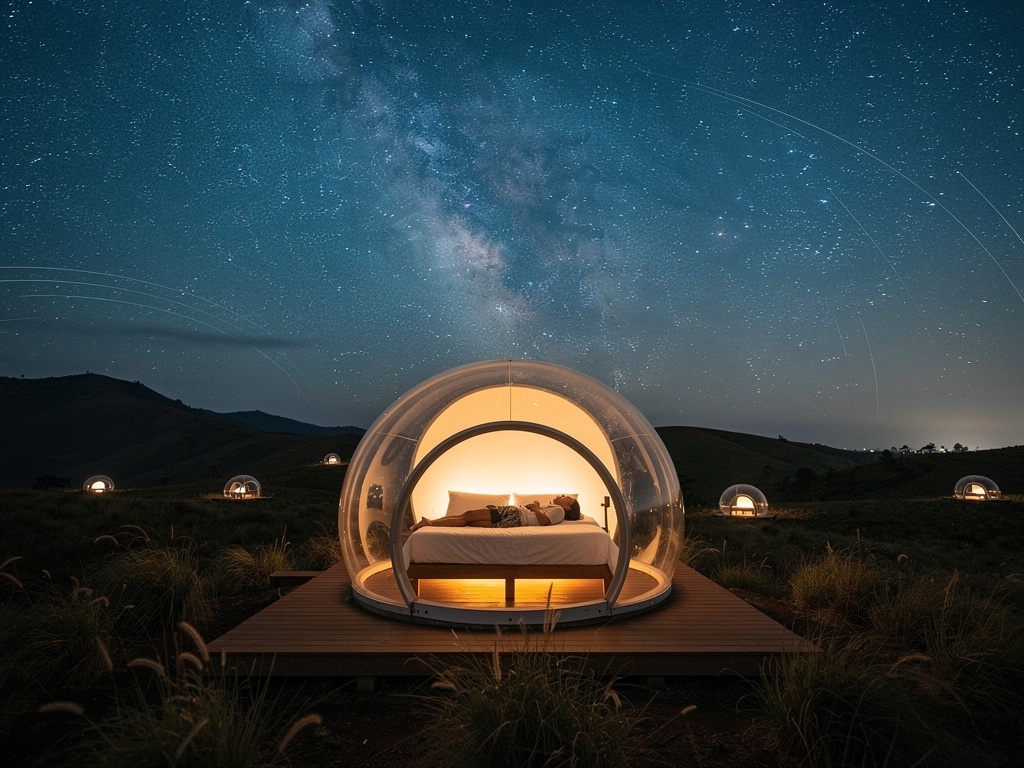 Bubble dome transparan dengan pemandangan langit berbintang di malam hari