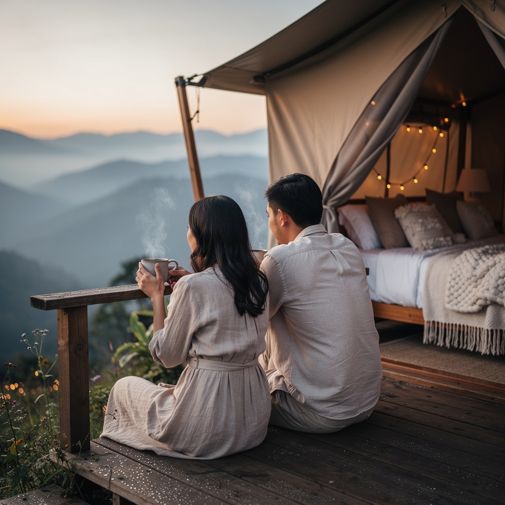 Pasangan menikmati kopi pagi di teras tenda glamping dengan pemandangan alam hijau