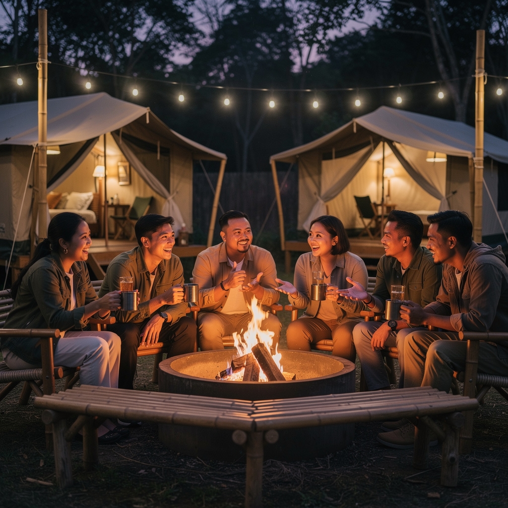 Kelompok wisatawan berkumpul di area outdoor glamping menikmati suasana alam bersama
