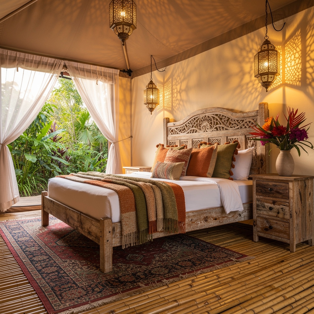 Interior tenda glamping mewah dengan furnitur berkualitas tinggi