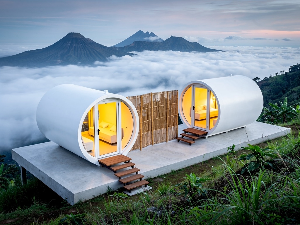 Glamping pod modern berbentuk silinder di lereng gunung dengan pemandangan lembah
