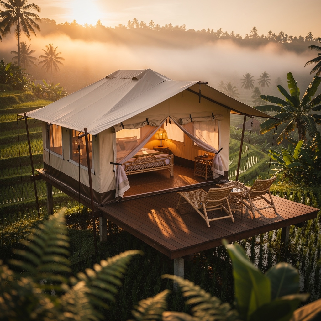 Tenda glamping mewah dengan pemandangan sunrise di Bali