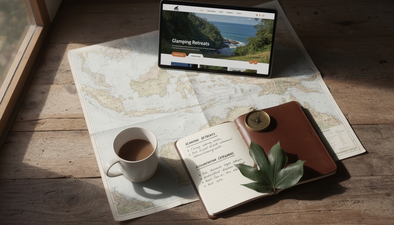 Seseorang melakukan riset mendalam tentang destinasi glamping di meja kerja dengan buku dan laptop