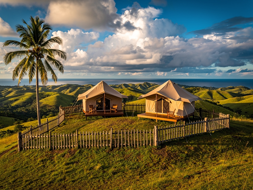 Safari tent mewah di padang savana Flores dengan pemandangan bukit hijau