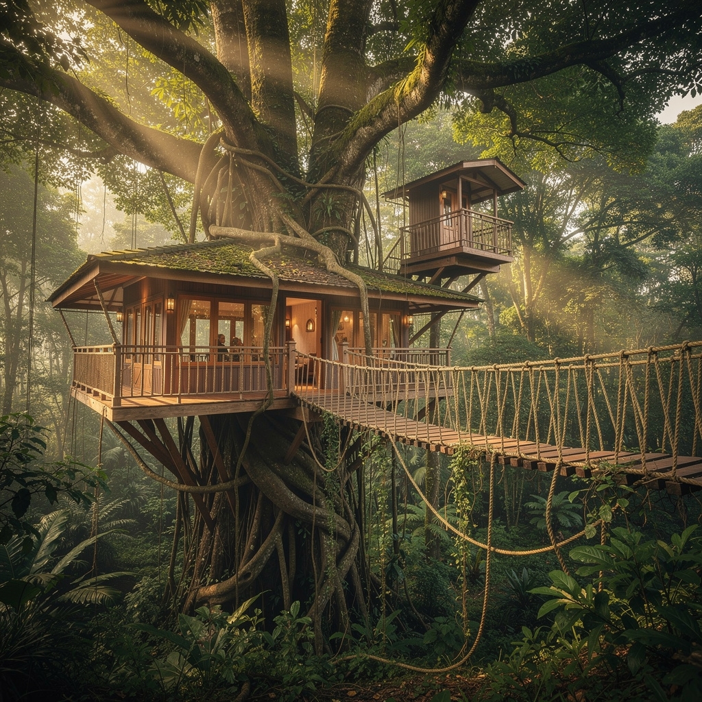 Treehouse glamping di hutan tropis Jawa dengan pemandangan kanopi
